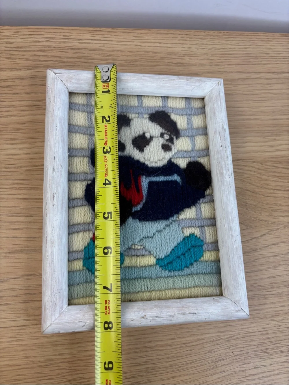 Vintage Handmade Panda Crewel Wall Art - Blue, Teal, Cream and Red